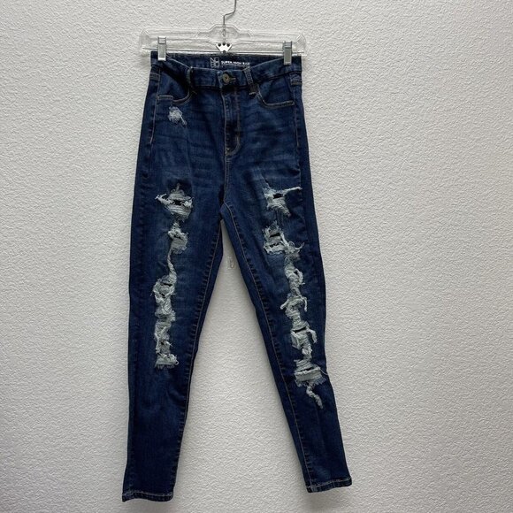 No Boundaries Juniors Sz 7 Super High Rise Skinny Jean Distressed Dark Wash - Picture 1 of 8